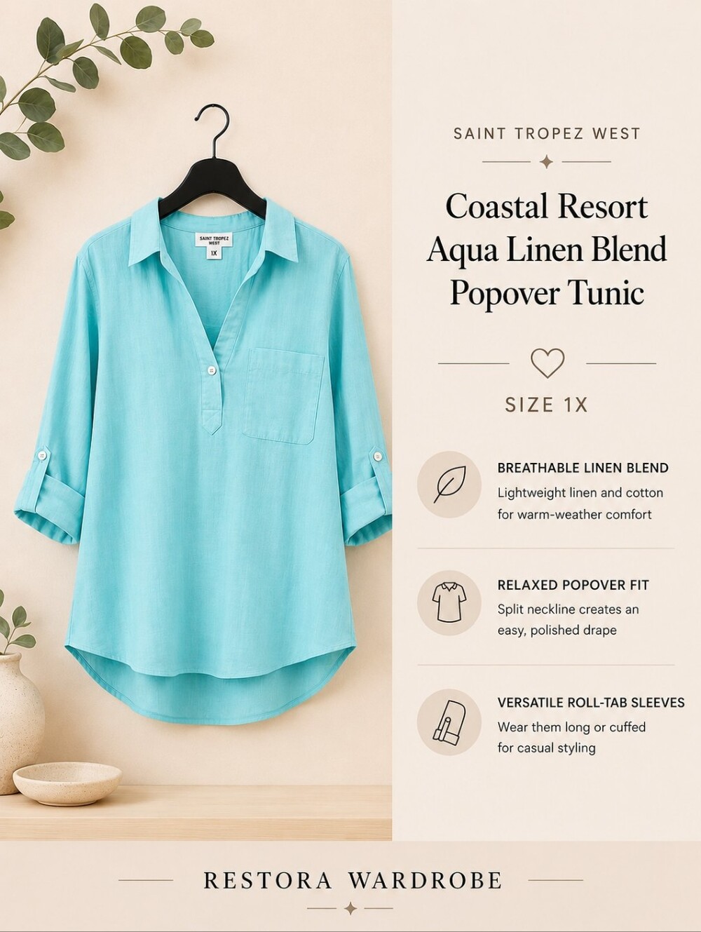 TitleSaint Tropez West Linen Blend Tunic Aqua Roll Tab Sleeve 1X Coastal